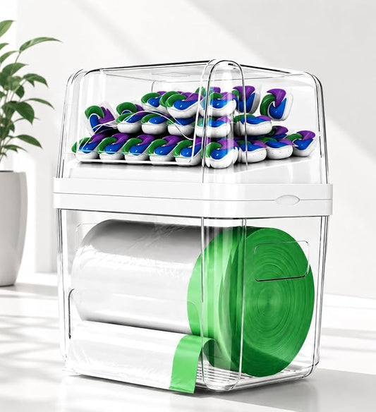Trash Bag Dispenser & Dishwasher Pods Organizer, Clear Acrylic Garbage Bag Holder Under Sink Organizer With Removable Lid, Laundry Pods Container for Kitchen Pantry Laundry Room (3IN1 Dispenser)