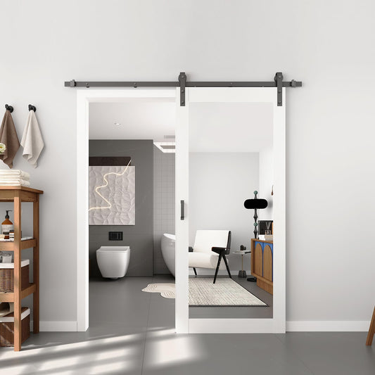 BARNSMITH 36in x 80in Mirror Barn Door with 6.6FT Sliding Door Hardware Kit Included, 1 Lites Full Length Mirror Door, Solid Wood Water-Proof PVC Surface,No Assembly Required,White
