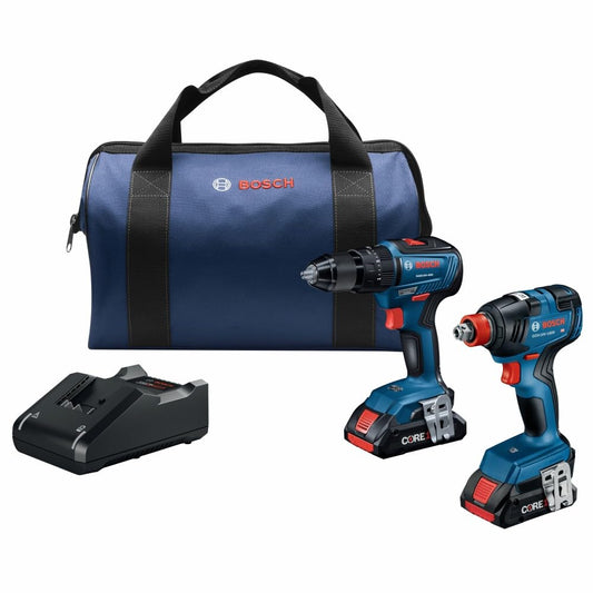 Bosch GXL18V-233B25 18V 2-Tool Combo Kit with 1/2 In. Hammer Drill/Driver, Two-In-One 1/4 In. and 1/2 In. Bit/Socket Impact Driver/Wrench and (2) CORE18V® 4 Ah Advanced Power Batteries