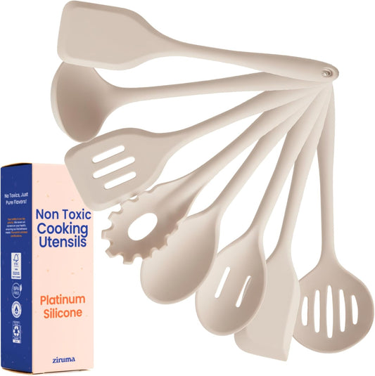 Skiennix Non-Toxic Silicone Kitchen Utensil Set - 8 Heat Resistant Cooking Tools, Beige, 100% Plastic Free
