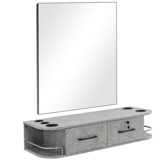 BarberPub Locking Wall Mount Styling Barber Station with Mirror Beauty Spa Salon Furniture,6154-5012-mirror (Gold&Grey)