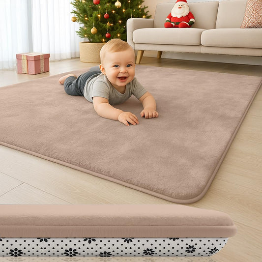 Lansber Thick Padded Baby Floor Play Mat 1.2" Cushioned Velvet Surface Non Slip Bottom High Density Foam Safe and Soft Floor Mat for Infants Toddlers and Playpen Use (Lightbrown, 50X 50)