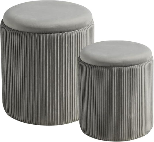 BLEXA Round Set of 2 Ottoman with Storage-Upholstered Velvet Vanity Stool for Makeup Multifunctional Ottomans Coffee Table Padded Seat Foot Rest for Living Room&Bedroom(Ligth Grey)