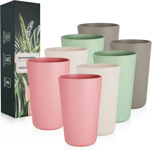 Premium Wheat Straw Cups 20 oz Set of 8 Alternative to Plastic Cups Reusable Unbreakable Drinking Cup Dishwasher Safe Water Glasses Tumblers, INS