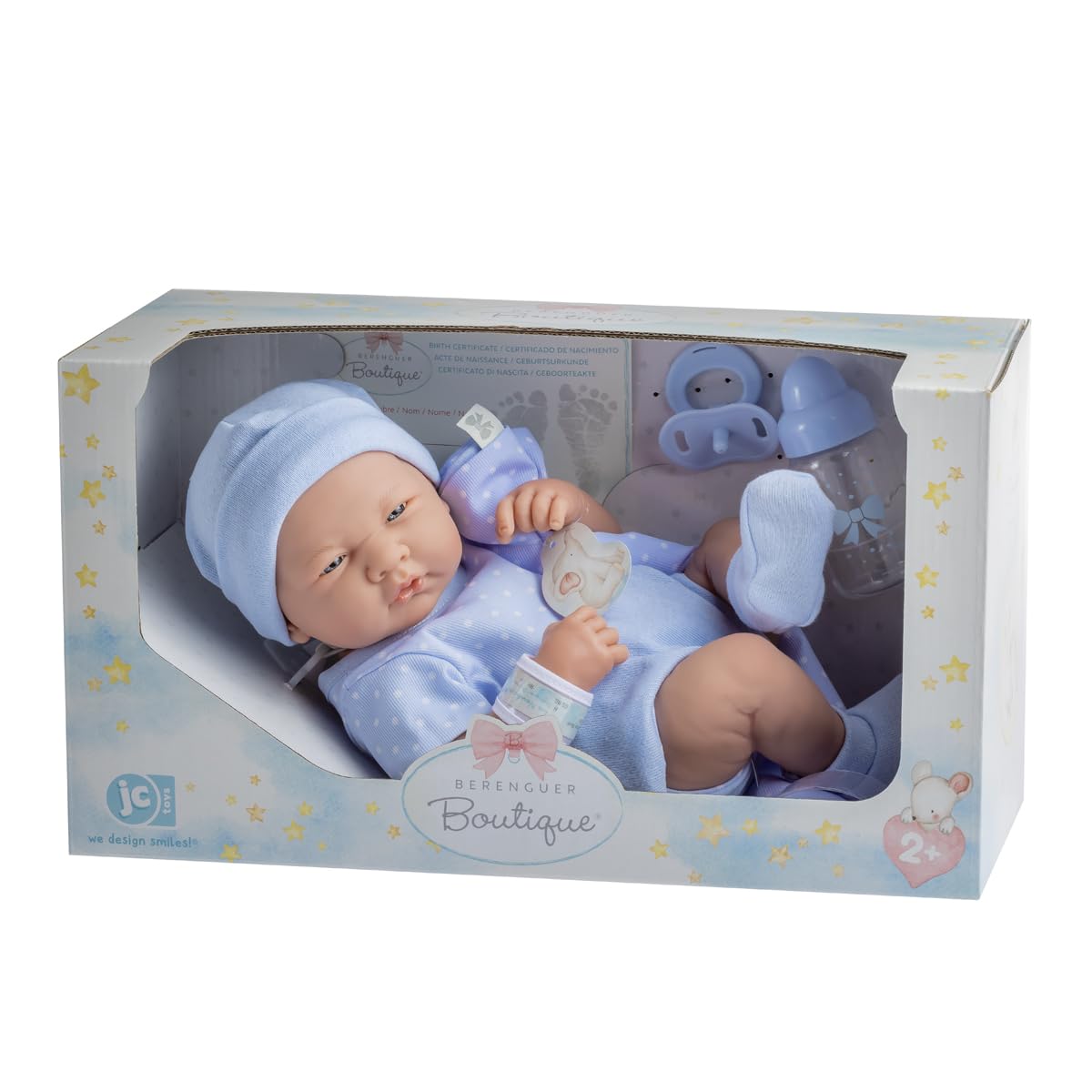 La Newborn Boutique 14" Realistic Baby Doll – 9-Piece Layette Gift Set, Soft Vinyl, Posable Limbs, Lifelike Detail – Anatomically Correct Real Boy in Blue (Berenguer / JC Toys)