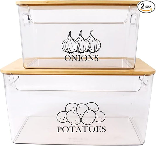 Potato & Onion Storage, Bamboo Lid, Transparent Acrylic Bin, 2 Set Stackable, Pantry & Kitchen Organizer