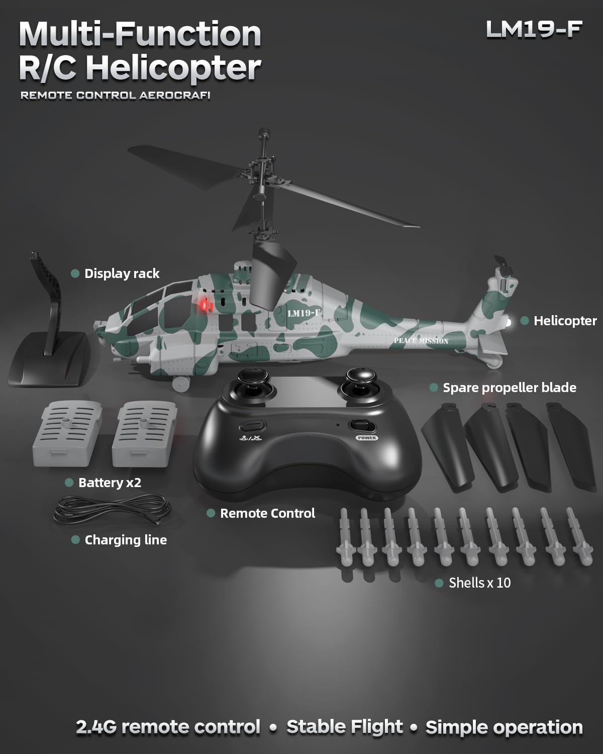 LMRC RC Helicopter with 10 Missiles, 2.4GHz LM19-F Army Remote Control Helicopter, Military Helicopter for Beginners and Adults, LED Lights, Altitude Hold, One-Key Take Off, Indoor Friendly