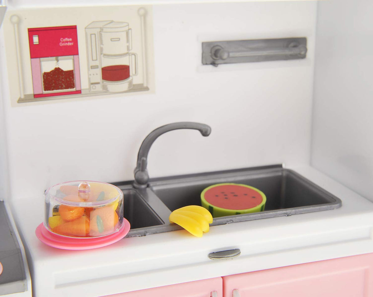 PowerTRC Doll Kitchen Play Set, Mini Modern Toy Pink Kitchen Pretend Play Furnitures Toy Set Accessories Set with Realistic Light & Sound for Kids Toddlers Girls (3-in-1)