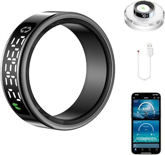 Smart Health Ring with Screen,for Women Men Fitness Tracker Heart Rate, Blood Oxygen, HRV, Sleep Monitoring, Step Counting, IP68 for iPhone and Android, No Subscription Fee (Black, 10#)