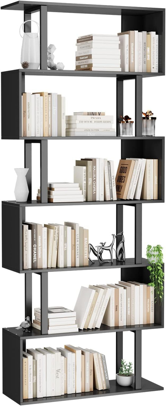 Gadroad 6 Tier Geometric Bookcase, Black Book Shelves, Modern Corner Bookcase Storage Shelf Wood for Bedroom, Living Room, Home Office, Black