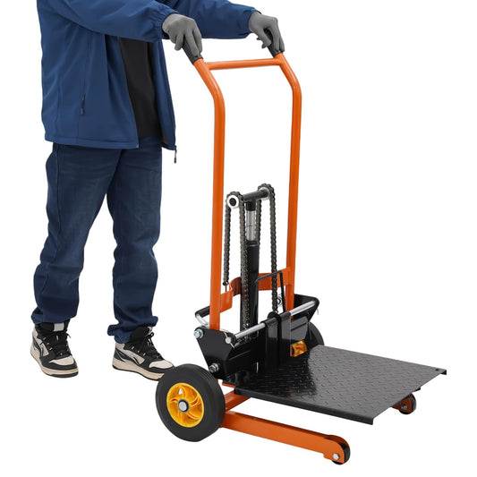 BRICZUNA Hydraulic Material Lift Pallet Truck Dolly Adjustable Forklift Stacker Pallet Jack Hydraulic Material Lift Winch Stacker for Workshops & Warehouses, Tangerine (35.43" H, Max. Load 577 Lbs)