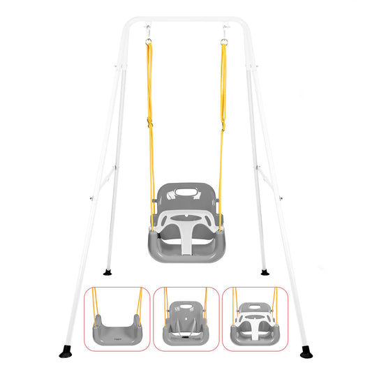 3-in-1 Toddler Swing Set, Foldable Baby Swing with Stand, Indoor & Outdoor Kids Swings Sets, Multifunctional Swings for Home Backyard, Easy to Install and Store (White)