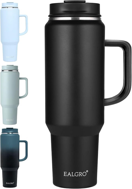EALGRO 50 oz Tumbler with Handle, Insulated Tumblers with Lid and Straw, Large Metal Sports Water Bottle Jug, Thermal Stainless Steel Travel Coffee Mug Cup, Black