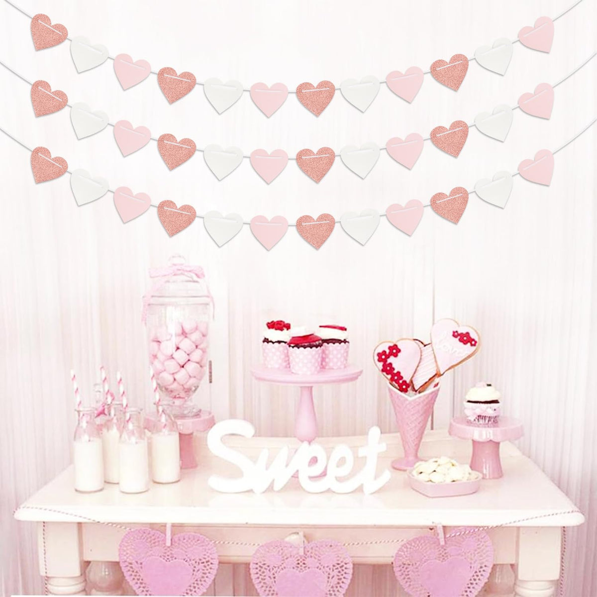 Rose-Gold Light Pink-White Party-Decorations Heart-Garland - 40ft Valentines Glitter Streamers Banner,Galentines Women Romantic Special Night Wedding Bachelorette Birthday Backdrop Decor Burgleda