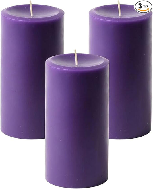Mister Candle Dripless Unscented Pillar Candles, Set of 3 Hand Poured Purple Pillar Candles, Solid Color Non-Scented Candles for Home Decor, Premium Wax, 80 Hr Burn Time, 3x6 Inch