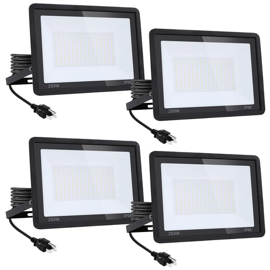 4Pack-250W LED Flood Light Outdoor,27500lm LED Work Light with 6FT US Plug,IP66 Waterproof Exterior Security Lights,6000K Daylight White Outside Floodlights Slim design for Playground Yard Stadium