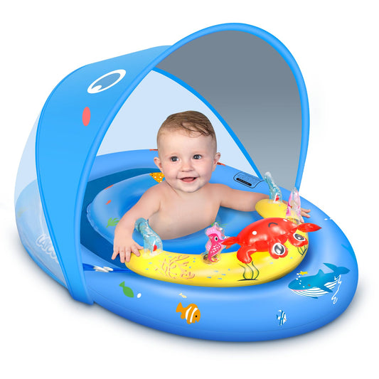 LAYCOL Baby Pool Float with Canopy UPF50+, 120°Adjustable Sun Protection and Anti-Tip Safety Seat, Inflatable Toddler Floaties Infant Pool Float with Animal Pool Toys, Baby Beach Essentials for 6-36M