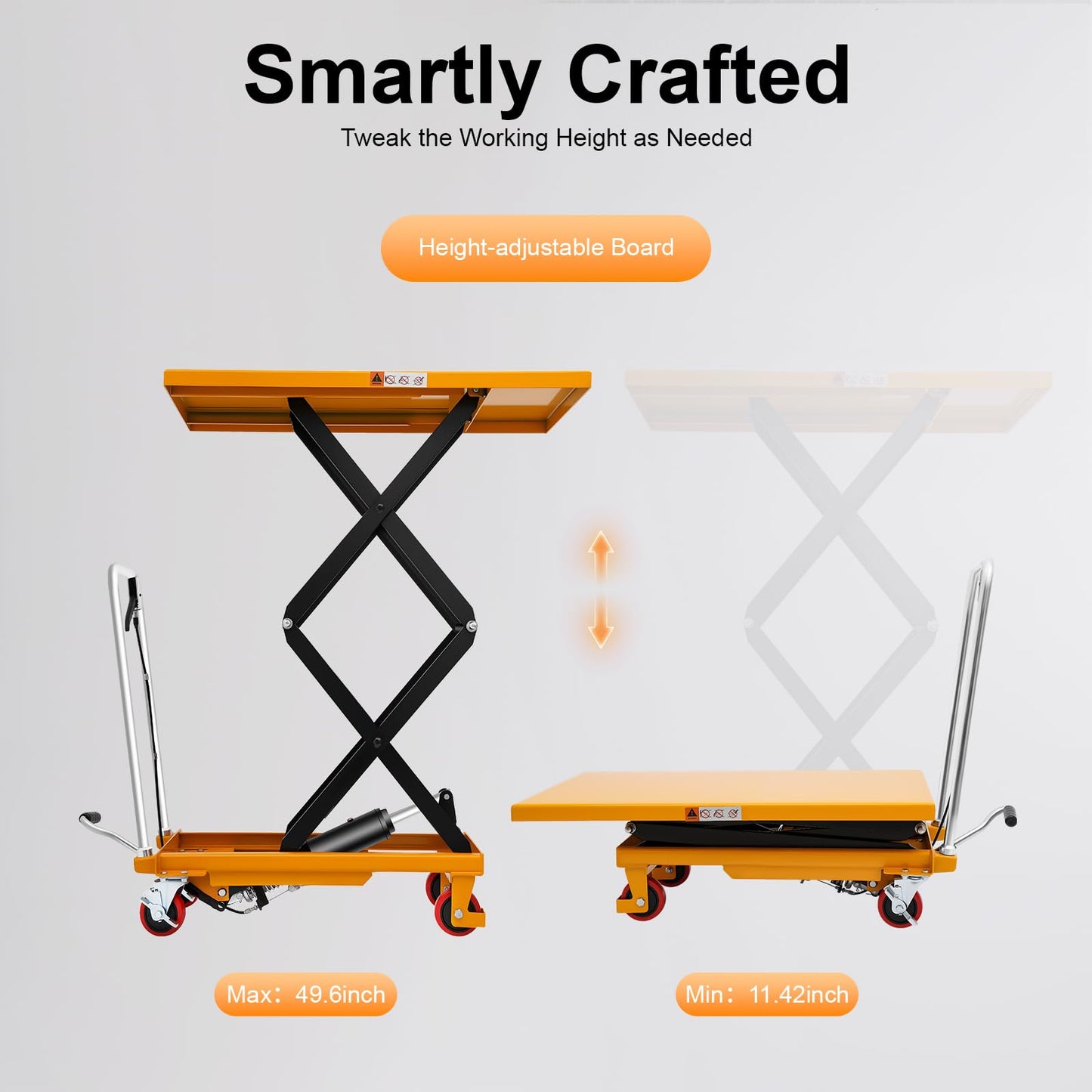 770 LBS Hydraulic Lift Table Cart, 49.6" Lifting Height, Double Scissor Lift Table with 4 Wheels, Hydraulic Material Lift Pallet Truck for Workshop Warehouse Material Handling (Yellow)