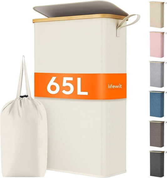 Lifewit 65L Slim Laundry Hamper with Lid, Narrow Laundry Basket with Removable Bag & Bamboo Handles, Fodable Thin Dirty Clothes Hamper for Laundry Collapsible Bin for Bathroom Bedroom Dorm, White