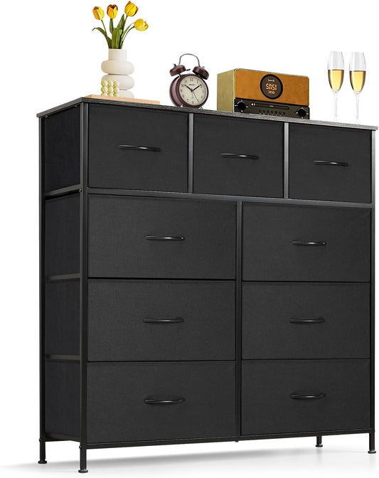 Regine Switzerland 9-Drawer Dresser - Anti-Tip Storage Organizer with Wooden Top & Metal Frame | Black