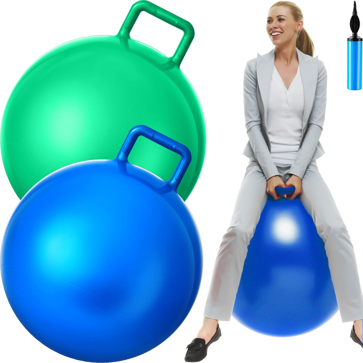 Lewtemi 2 Pcs 31 Inch Big Hopper Ball Jumping Hopping Inflatable Bouncing Ball with Handle and Air Pump for Adults Carnival Outdoor Sports Game(Blue, Green)