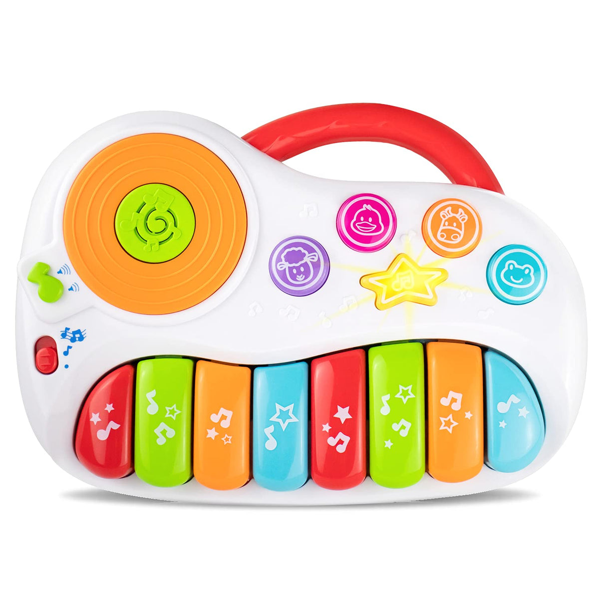 Musical Piano Toy for 1-3 Year Old Toddlers, 8-Key Rainbow Keyboard with DJ Turntable Scratchpad, 5 Light-Up Animal Buttons, Demo Songs, Volume Control and Carry Handle, Boys Girls Gift