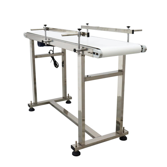 BREVELTION PVC Flat Belt Conveyor Stainless Steel Industrial Transport Conveyor Adjustable Speed Conveyor with Double Guardrails Conveyor Length 53.15inch Width 11.8inch Load 11LBS 60W