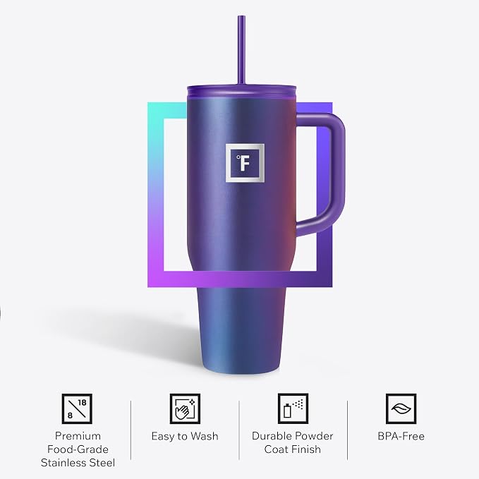 IRON °FLASK Co-Pilot Insulated Mug w/Straw & Flip Cap Lids - Cup Holder Bottle for Hot, Cold Drink - Leak-Proof - Water, Coffee Portable Travel Mug - Dark Rainbow, 40 Oz
