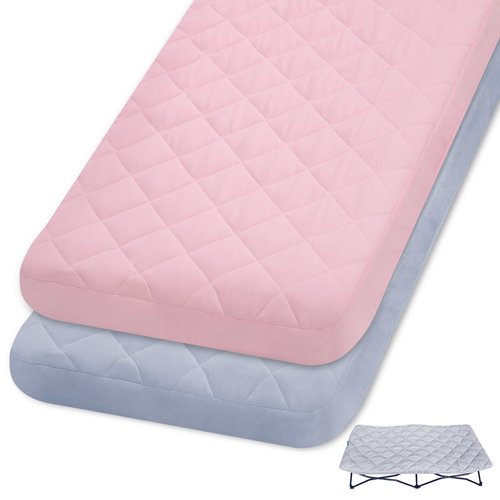 2 Pack Quilted Sheet for Regalo My Cot Portable Toddler Bed, Joovy Travel Cot (Sheet Only, Bed not Included), Soft Padded Cover, Pink & Grey