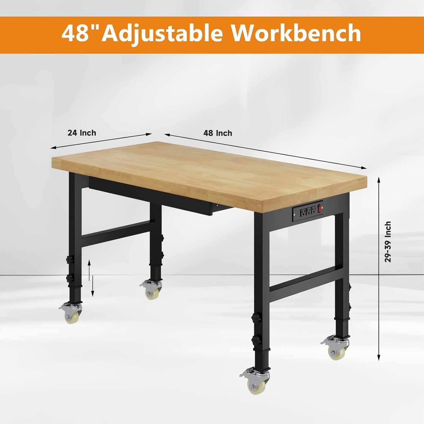 Pelnuies 48" Heavy-Duty Solid Wood Work Bench with Drawers, Adjustable Height Workbench with Wheels, 2000 LBS Capacity Work Table with Power Outlets for Garage, Workshop(48" X 24")