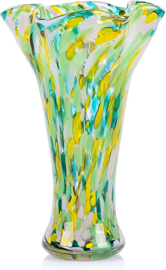 9.0"H Green Glass Vases for Flowers, Unique Hand Blown Glass Vase Green Gold Home Decor, Wide Mouth Colorful Flower Vase Centerpieces, For Living Room Table Bookshelf, Bathroom Office Shelf Decorative