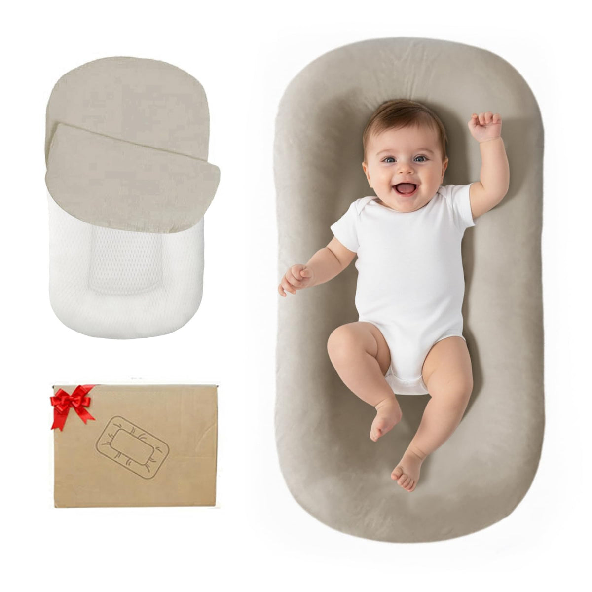 Lucakuins Baby Lounger, Bionic Design Baby Lounger for Newborn 0-24 Months, Soft Organic Cotton Breathable Lounger for Infants (Cream Gray)