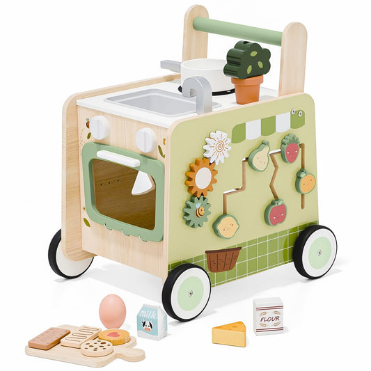 Baby Push Walker -Wooden Push Walker Montessori Toy- Toddler Learning Activity Walker for Girls Boys 1-3 Years - Pretend Kitchen Playset Ideal for Toddlers（Green ）