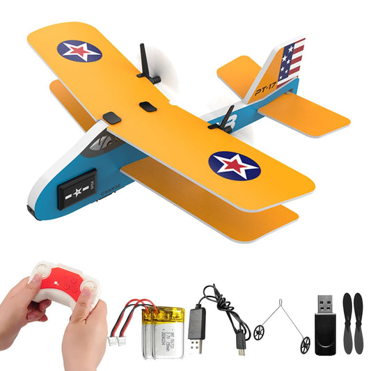 RoofWorld RC Plane 2. 4Ghz RC Airplane for Kids & Beginners Easy to Fly with 6-axis Gyro Stabilizer 2CH MPP Remote Control RC Glider Indoor/Outdoor STEM Toy for Boy Girl Pilots (Yellow Biplane)