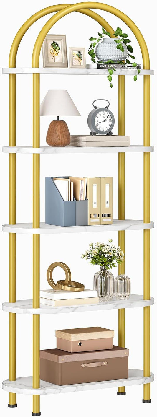 HOOBRO 5 Tier Open Bookshelf, Industrial Arched Bookcase Display Shelf Rack, Wooden Bookcase Storage Shelf Metal Frame, Tall Storage Organizer for Home, Easy Assembly, Gold DM176SJ01