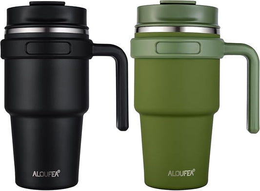 20 oz Insulated Coffee Mug Tumbler with Handle, Stainless Steel Travel Mug Tumbler with Lid and Straw,Double Wall Vacuum Leak Proof Ice Coffee Thermal Cup, Black and Army Green