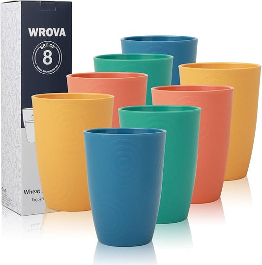 Wrova Wheat Straw Cups Set Alternative to Plastic Cups 16 oz, Reusable Drinking Water Glasses Set of 8, Dishwasher Safe Kitchen Cup Sets for Juice,Coffee,Milk- Vibrant