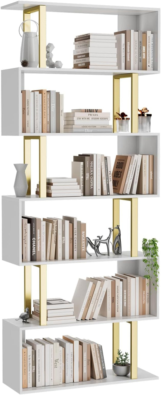 Gadroad 6-Tier Geometric Bookcase,S Shaped Bookshelf, Wood Decorative Storage Shelving, Modern Freestanding Display Shelves, Tall Book Shelf Unit for Living Room Bedroom