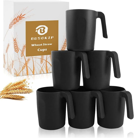 Wheat Straw Coffee Cups 16 OZ, Wheat Straw Cups with Handles, Unbreakable & Stacking Coffee Mugs Set of 6, Microwave & Dishwasher Safe Drinking Cups for Party, Camping, Kitchen - Black