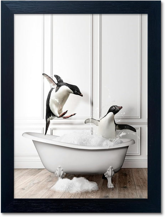 Skiennix Kids Bathroom Wall Art - Cute Penguins in Bathtub Canvas Print | Black & White Decor