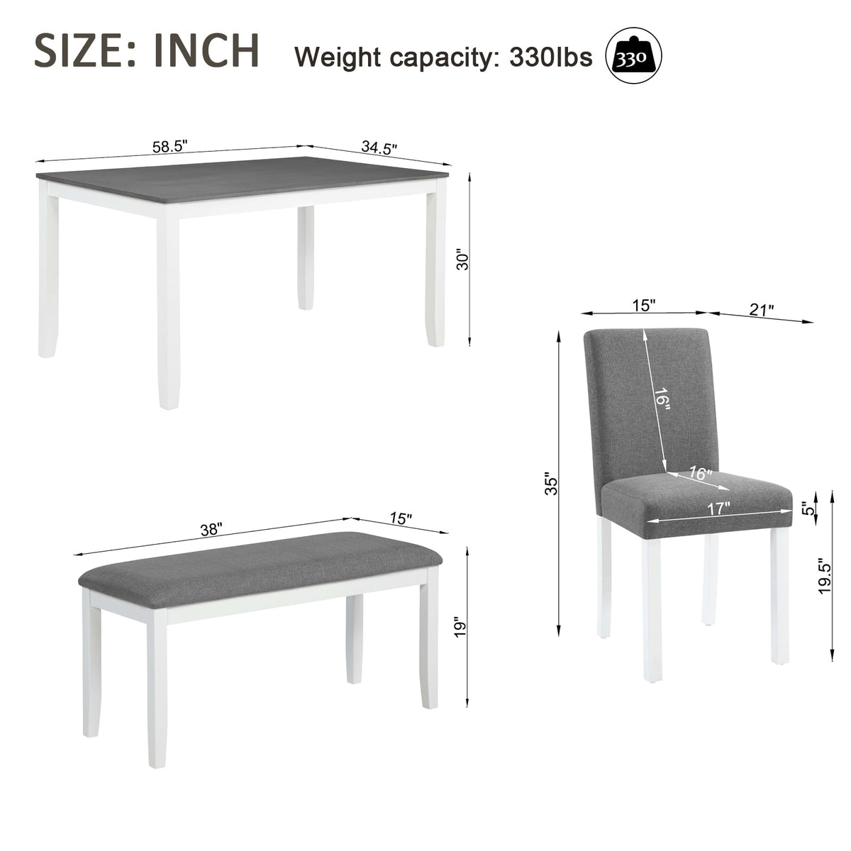 Casaphoria 6-Piece Dining Table Set with Bench and 4 Upholstered Chairs, Modern Wood Kitchen Table Set for 6, Grey & White Two-Tone Furniture for Dining Room, Small Spaces, Family Breakfast & Parties