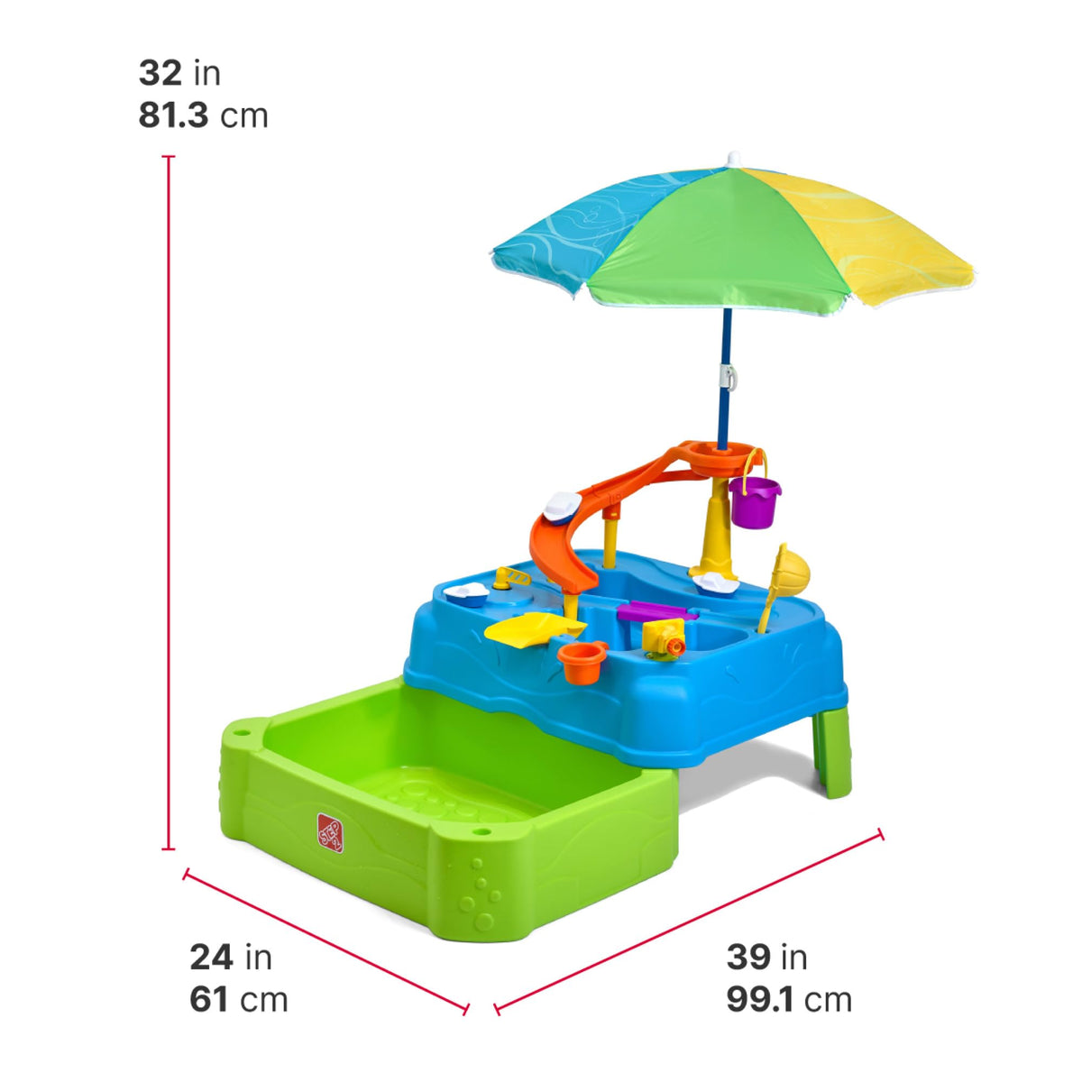 Step2 Waterpark Wonders Two Tier Water Table, Kids Water Activity Sensory Playset with Umbrella, Garden Hose Sprinkler Attachment, 11 Piece Accessories, Outdoor Summer Toy, Ages 18 Months+, Blue