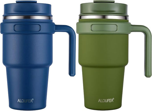 20 oz Insulated Coffee Mug Tumbler with Handle, Stainless Steel Travel Mug Tumbler with Lid and Straw,Double Wall Vacuum Leak Proof Ice Coffee Thermal Cup, Navy and Army Green