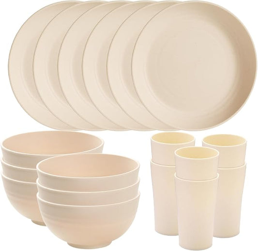 18pcs Wheat Straw Dinnerware Sets Service for 6 SANLUNS Unbreakable Reusable Dinnerware Set Kitchen Cups Round Plates and Bowls Sets Microwave Dinnerware Set for Kitchen Travel Camping