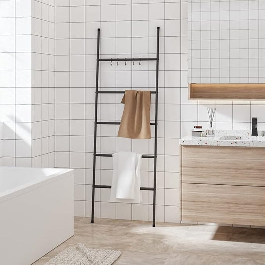 Free Standing 5 Tier Towel Rack Ladder, 22.8x68.9 Inch Iron Towel Holder with 5 Hooks, Space Saving Storage for Bathroom, Living Room, Bedroom, Hallway