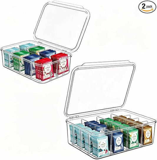 Tea Bag Organizer, 2 Pcs Clear Tea Organizers, Acrylic Storage Box with Lids, Stackable Partition Holder for Drawers, Countertops, Fridge, Kitchen (16 Compartments + 8 Compartments)