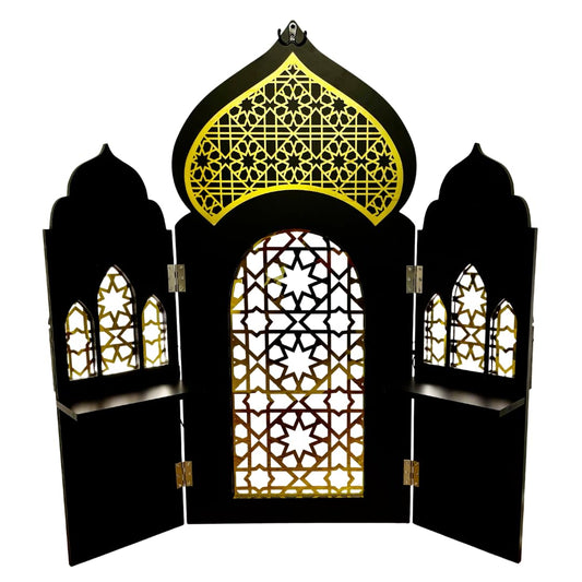 3 Panel Room Divider Folding Privacy Freestanding Partition Portable Wall for Prayer Room Privacy Screen Islamic Theme Room Divider Wood 3ft Ramadan Decorations 39.5"x38.5" (Black Gates)
