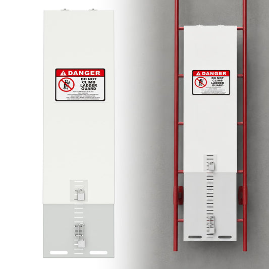 333'S Adjustable Fixed Ladder Safety Guard, Anti-Climb Ladder Guard with Adjustable Hooks and Multi-Level Length, Ladder Lockout Plate for Roof Access and Industrial Fixed Ladders, 15.7 in Wide