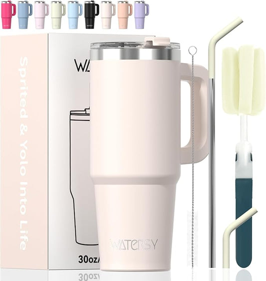 20 oz Tumbler with Handle,Tumbler with Lid and Straw,Double Wall Insulated Cup Stainless Steel Travel Mug(Cold for 34 Hours),Water Bottle for Iced Tea,Coffee,Cold Beverages(Ivory Beige)