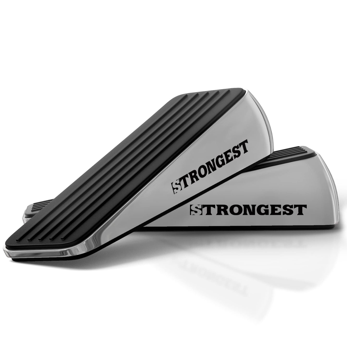 Strongest Home Heavy Duty Door Stopper Wedge (2 Chrome PCs) | Non-Slip Rubber and Metal Door Stop for Heavy Doors | Work on Wood, Tile, Carpet + 2 White Wall Protectors